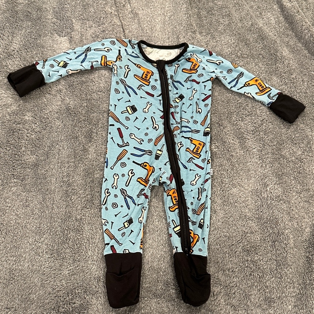 Little Sleepies Blue and Black Tool Print Footie. 3-6 months